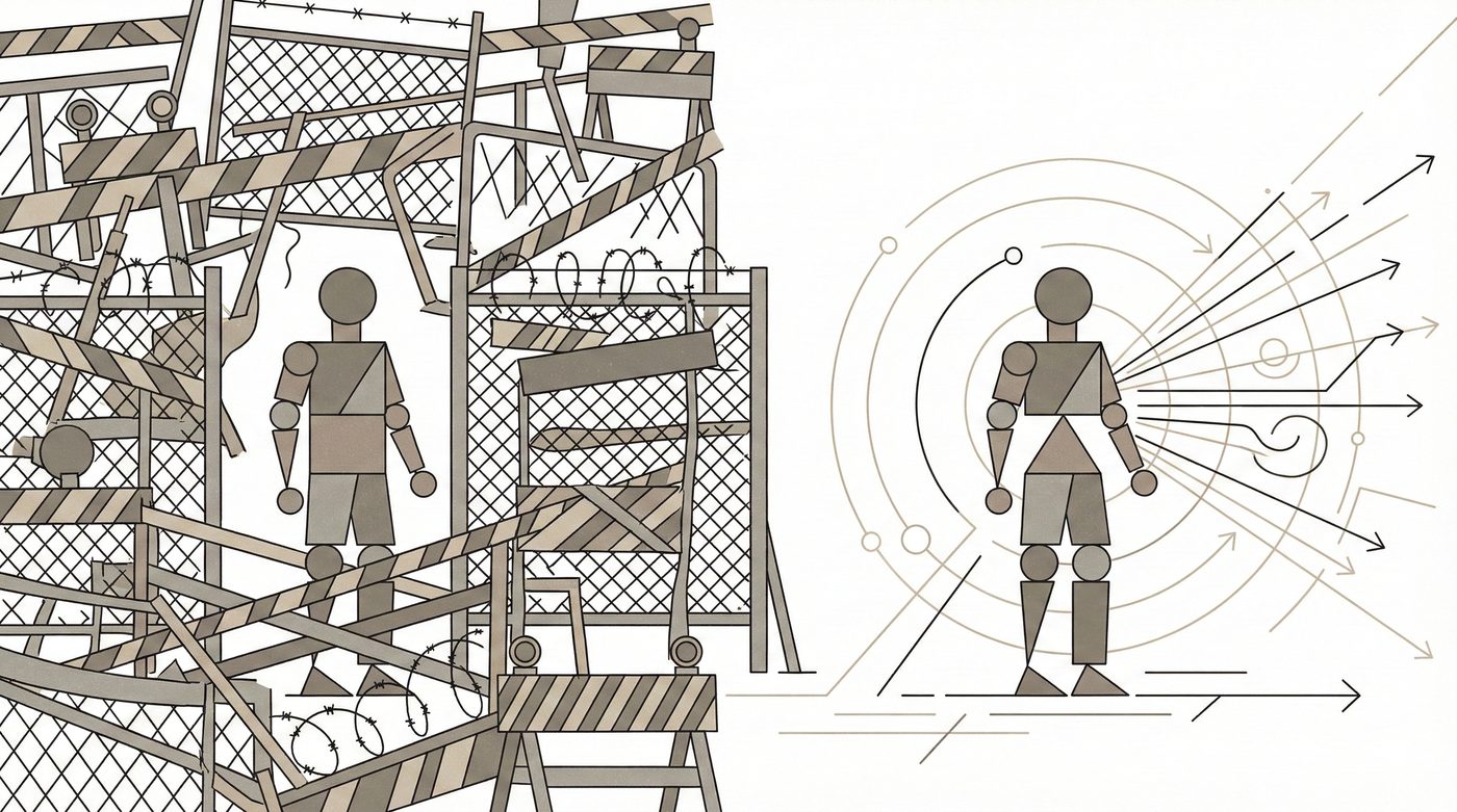 The Guardrail Trap: a figure trapped behind barriers versus a figure standing free in open space